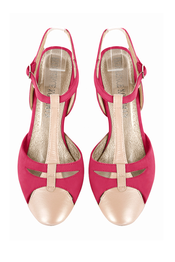 Gold and fuschia pink women's open back T-strap shoes. Round toe. High kitten heels. Top view - Florence KOOIJMAN